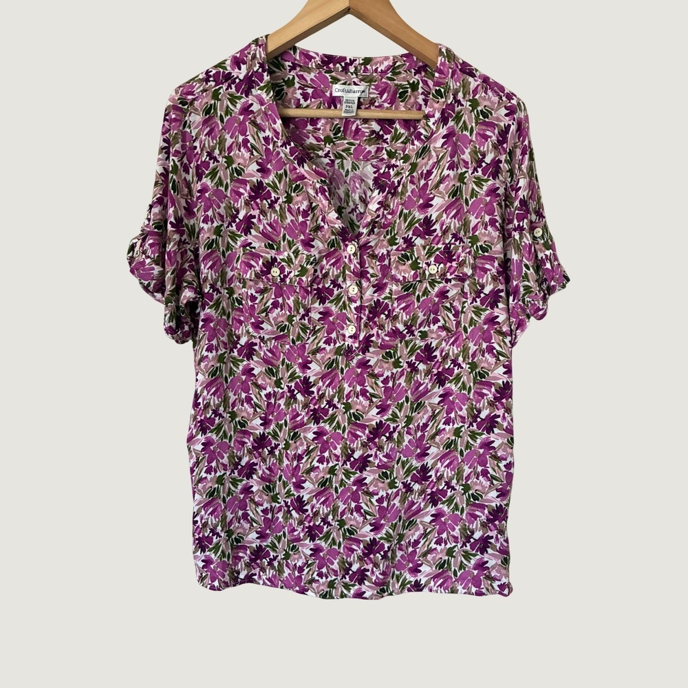 Croft & Barrow Petite XL Floral Short Sleeve Button Split Neck Blouse Purple PXL